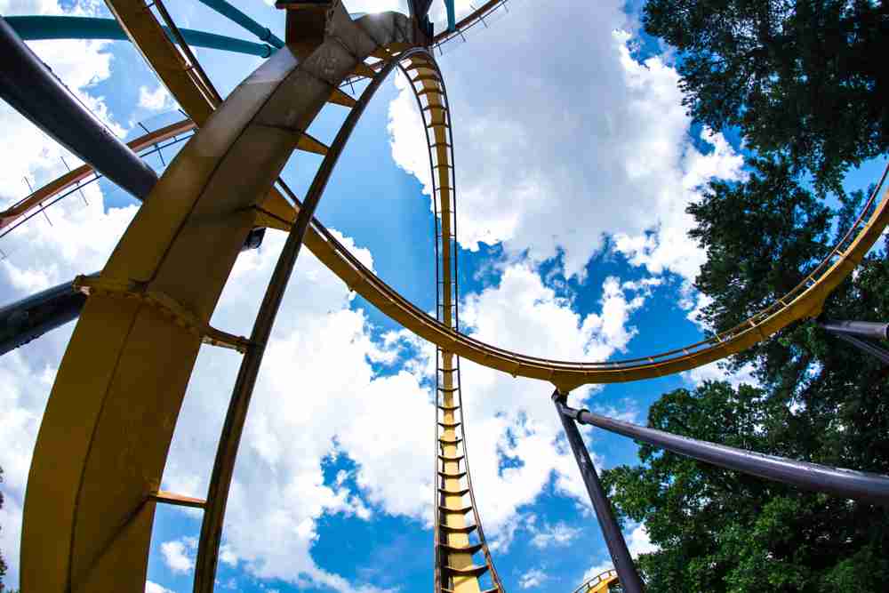 roller coaster in a theme park during construction using safety fall protection equipment